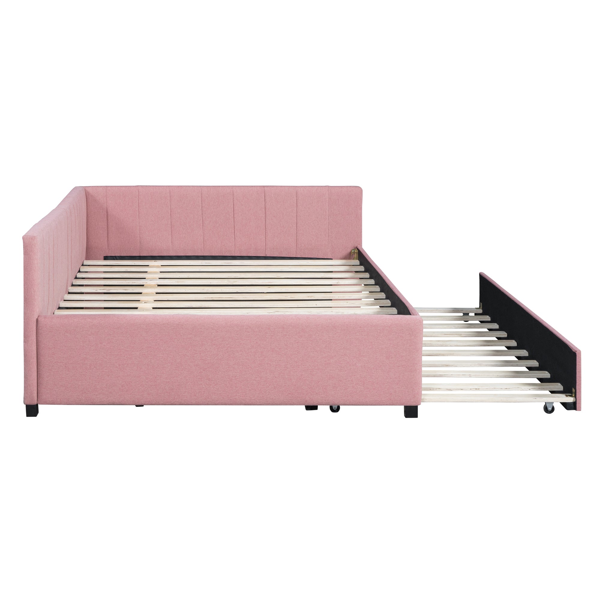 Full Size Upholstered Daybed with Trundle Sofa Bed Frame No Box Spring Needed, Linen Fabric(Pink) - Atlantic Fine Furniture Melbourne FL