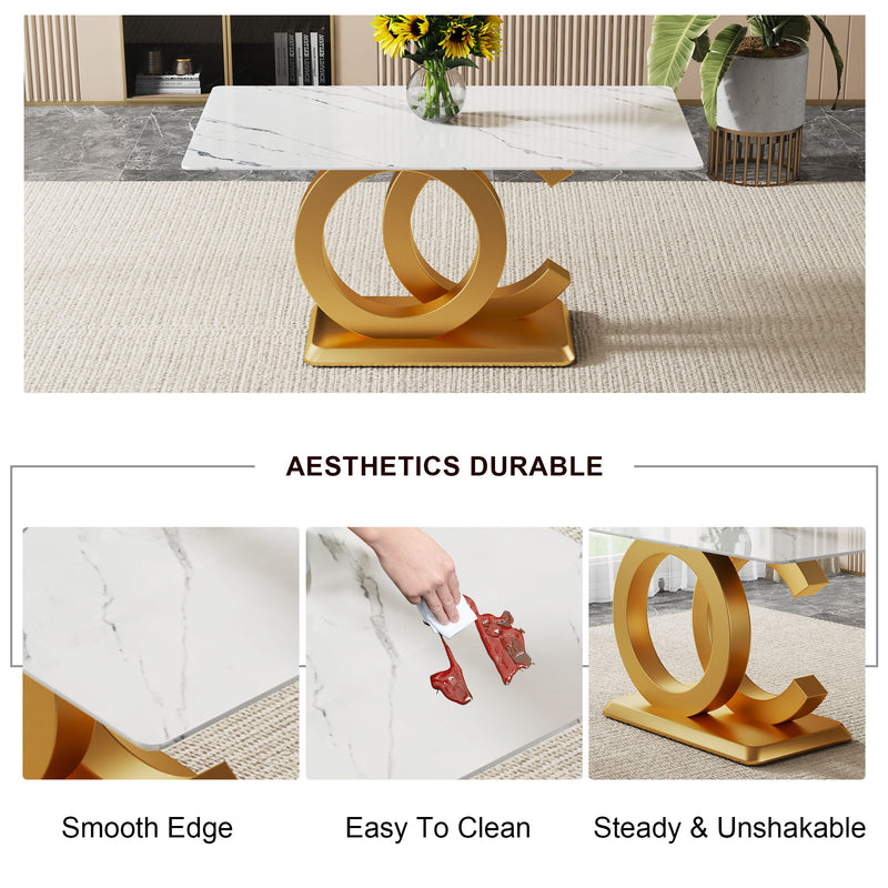 Modern Minimalist Rectangular Dining Table For 6 - 8 People With Brackets And Aureate Base - Gold