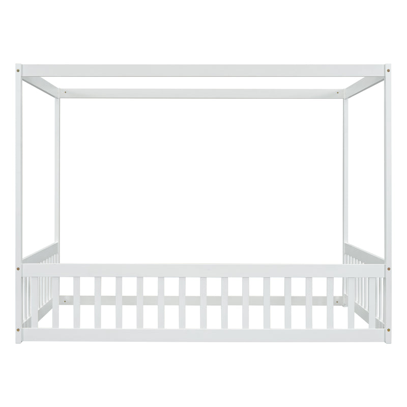 Full Size Canopy Frame Floor Bed with Fence, Guardrails,White
