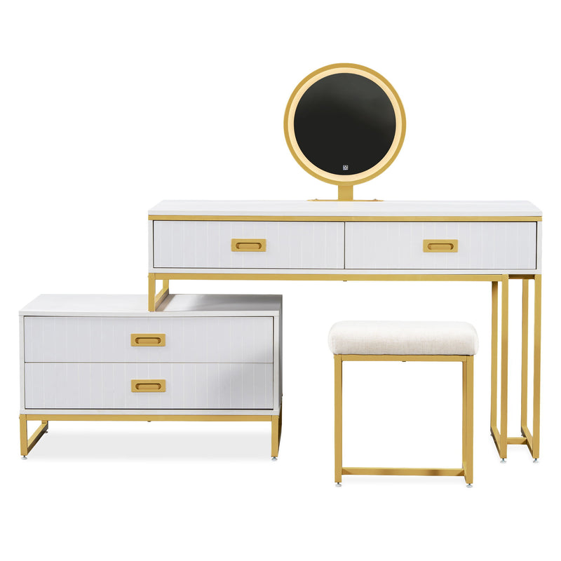 Modern Style Vanity Table With Movable Side Cabinet And 4 Drawers, Large Size Dressing Table With Mirror And 3 Colors Led Light, Makeup Table With Stool - White / Golden