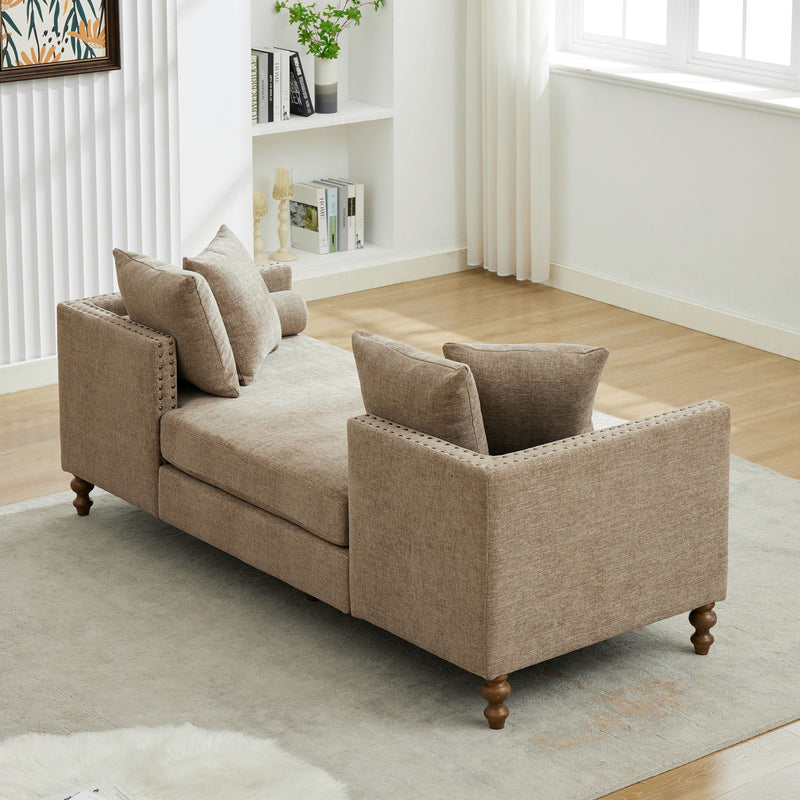 Upholstered Chaise Lounge Indoor With Nailheads, Sleeper Sofa Couch With 4 Throw Pillows & 2 Bolsters, Daybed With Rubberwood Legs