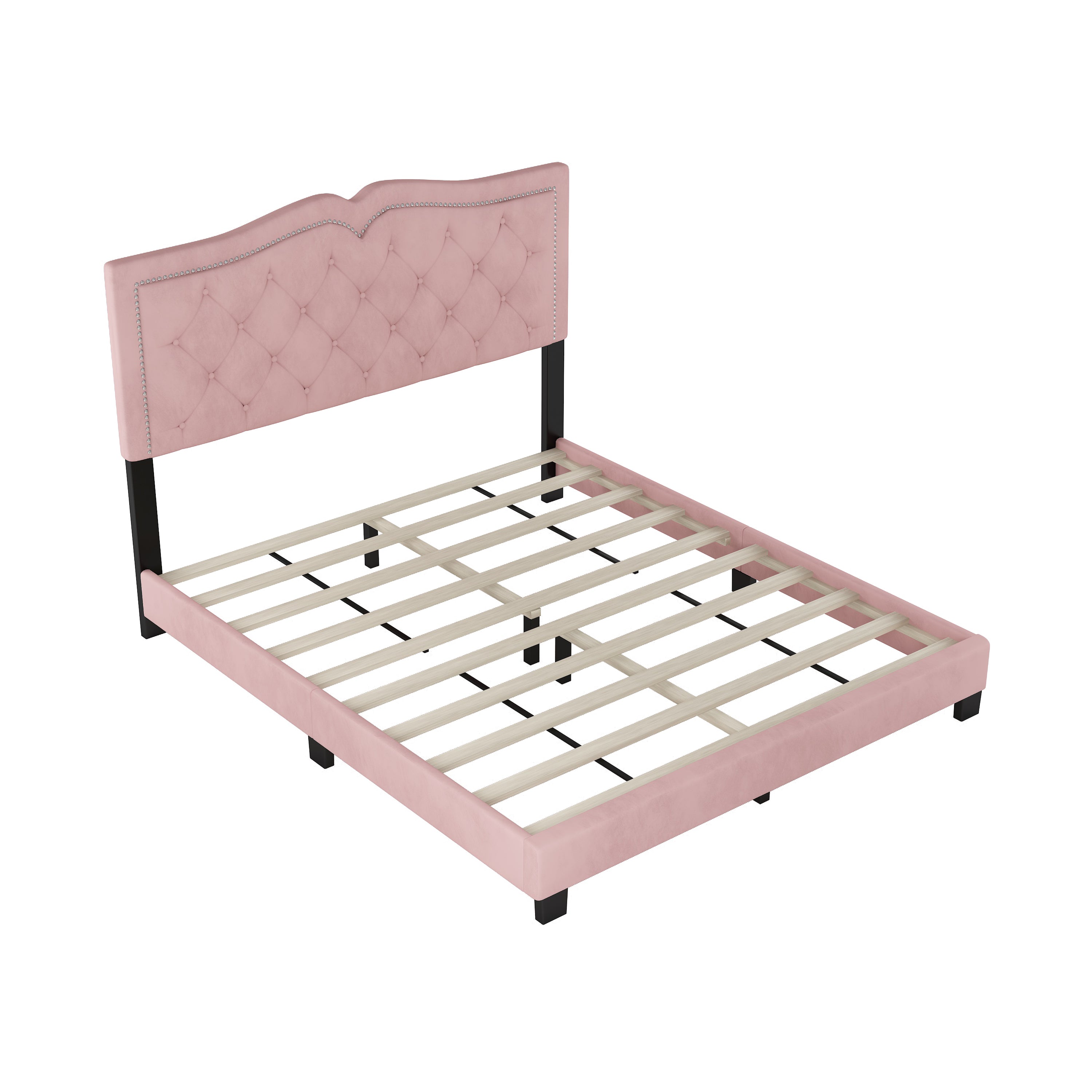 Queen Size Upholstered Bed Frame with Rivet Design, Modern Velvet Platform Bed with Tufted Headboard,Pink - Atlantic Fine Furniture Melbourne FL
