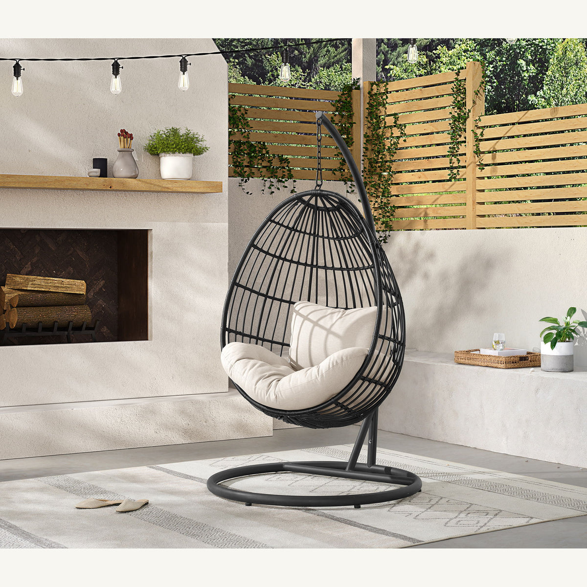Playa Swing Egg Chair With Base And Pillar in Dark Gray / Beige by Elements International, view 2