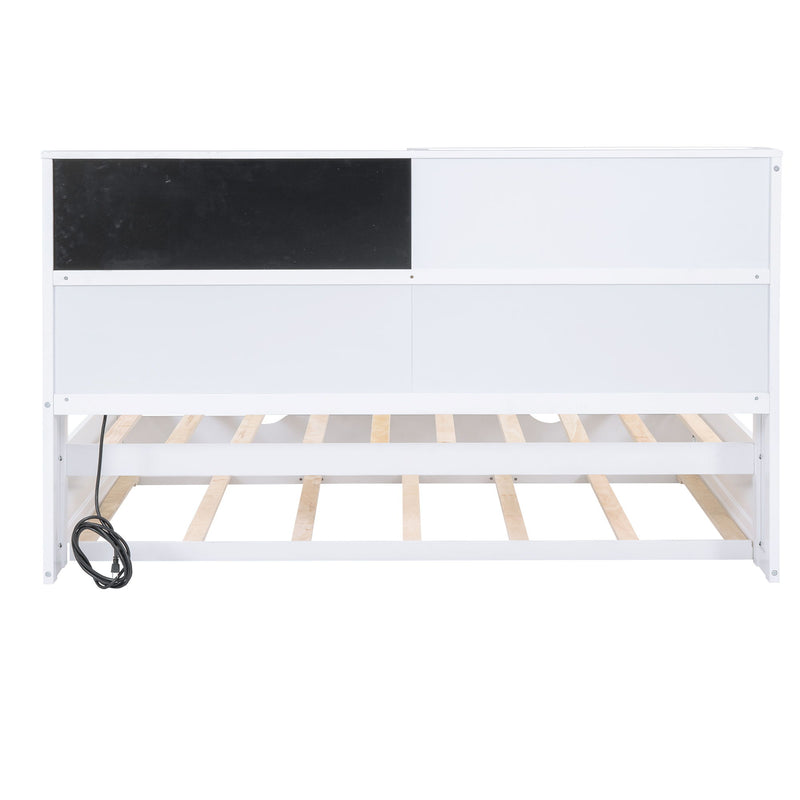 Twin Size Daybed With Storage Shelvesboard, Cork Board, USB Ports And Trundle - White