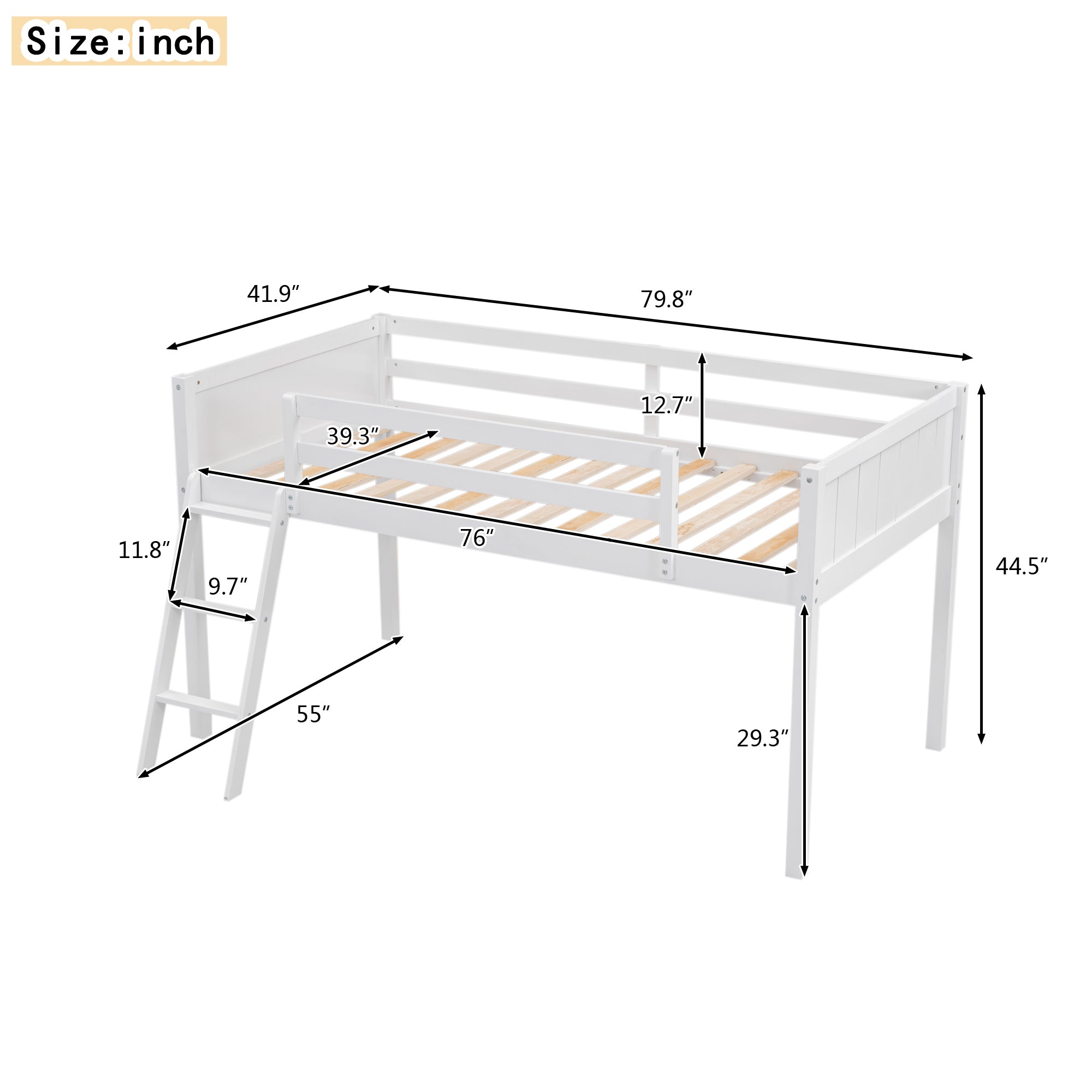 Twin Size Wood Loft Bed with Ladder, ladder can be placed on the left or right, White - Atlantic Fine Furniture Melbourne FL