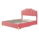 Queen Size Upholstered Platform Bed With LED Lights And 4 Drawers, Stylish Irregular Metal Bed Legs Design - Pink