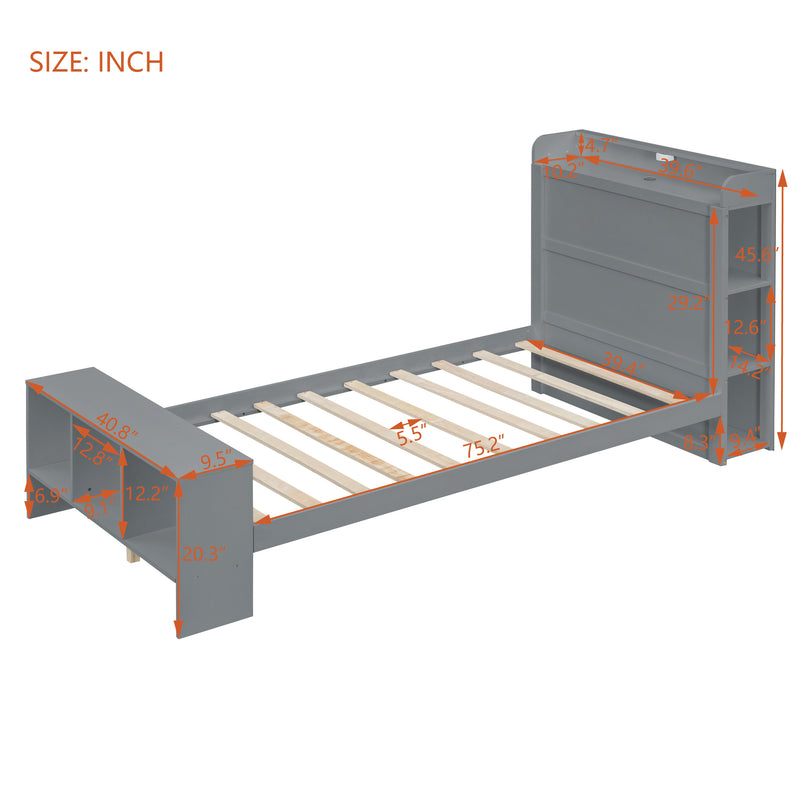 Twin Size Platform Bed with built-in shelves, LED Light and USB ports, Gray