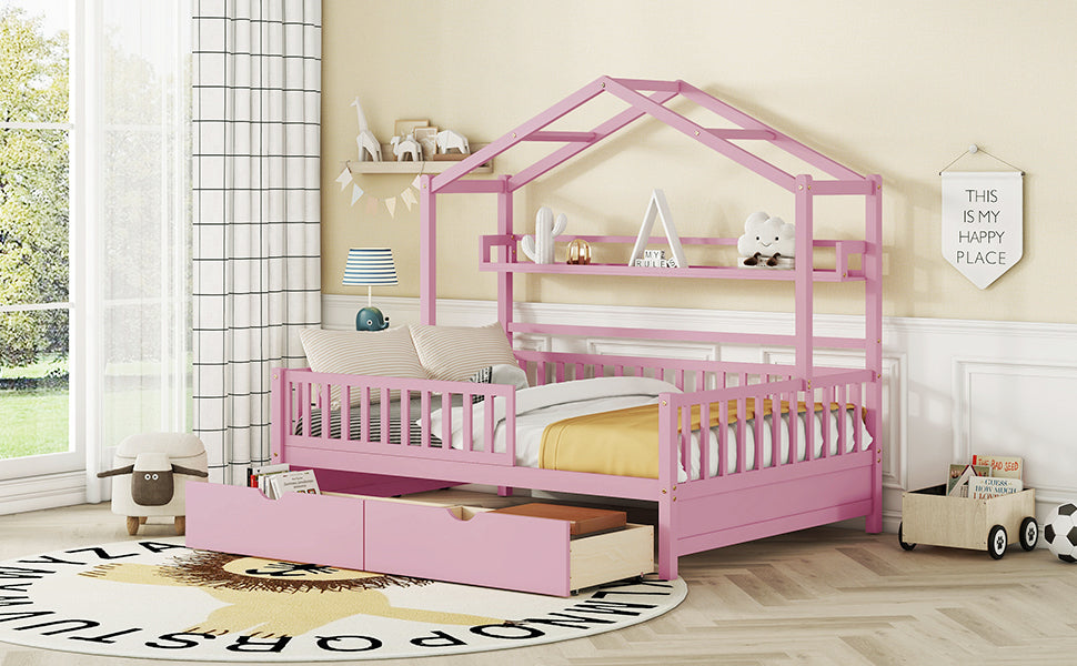 Wooden Full Size House Bed with 2 Drawers,Kids Bed with Storage Shelf, Pink - Atlantic Fine Furniture Melbourne FL