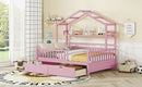 Wooden Full Size House Bed with 2 Drawers,Kids Bed with Storage Shelf, Pink
