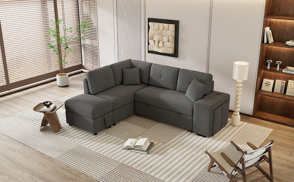 87.7" Convertible Sleeper, Sectional Pull Out Sofa Bed With Storage Ottoman, 2 Throw Pillows, 2 Stools, Wireless Charger And Two Hidden USB Ports For Living Room, Dark Gray