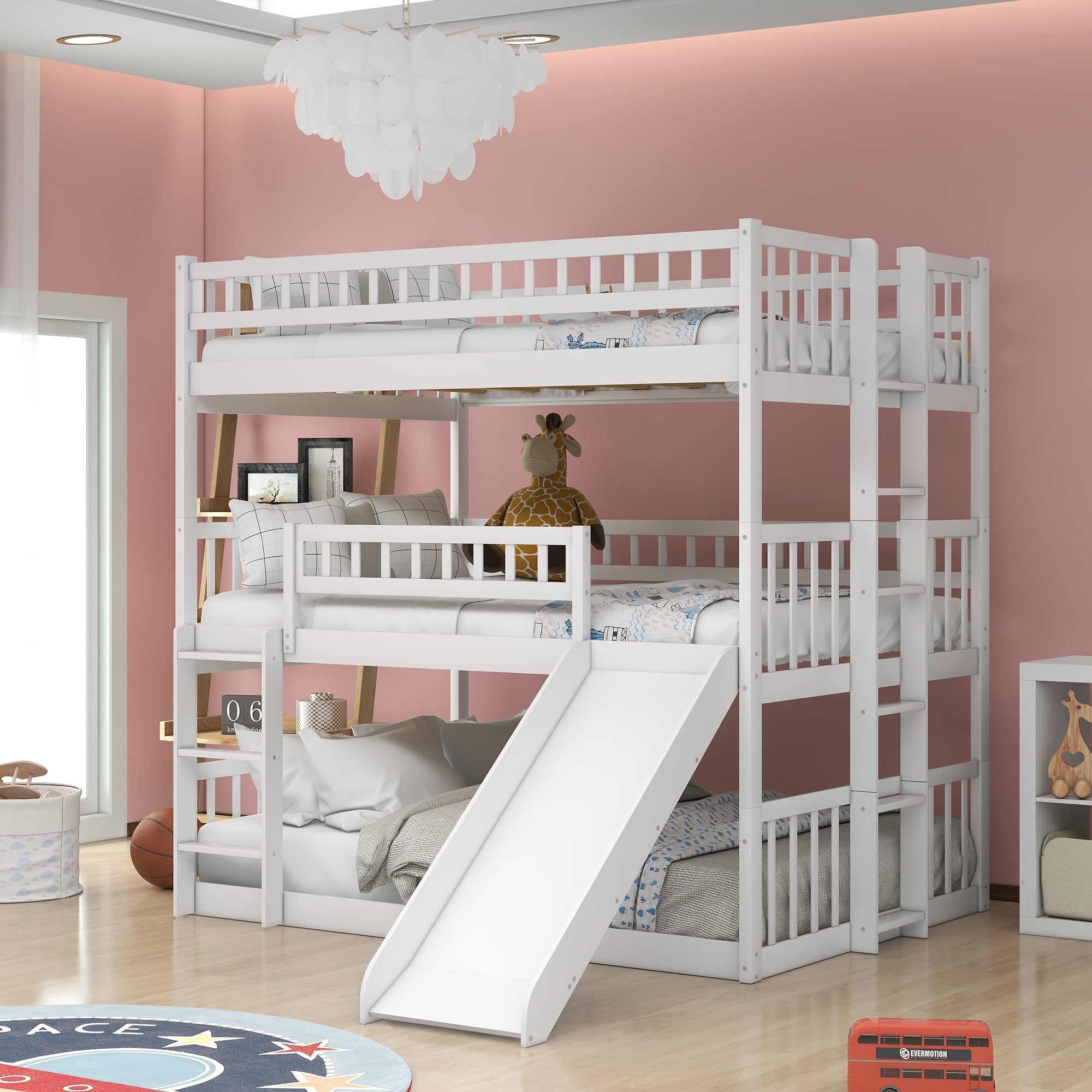 Full-Over-Full-Over-Full Triple Bed with Built-in Ladder and Slide , Triple Bunk Bed with Guardrails, White(OLD SKU :LP000052AAK)