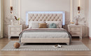 Queen Size Upholstered Bed Frame with LED Lights,Modern Velvet Platform Bed with Tufted Headboard,Beige