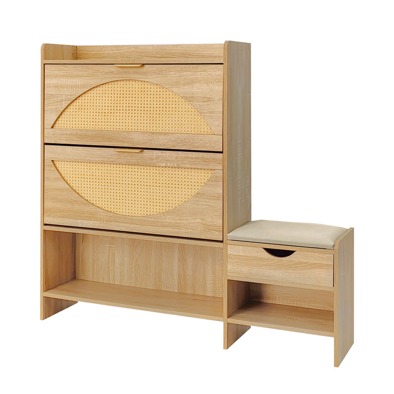 Shoe Storage Cabinet Rattan Shoe Storage Organizer With 2 Flip Drawers, A Storage Drawer And A Bench For Entryway, And Hallway - Light Brown