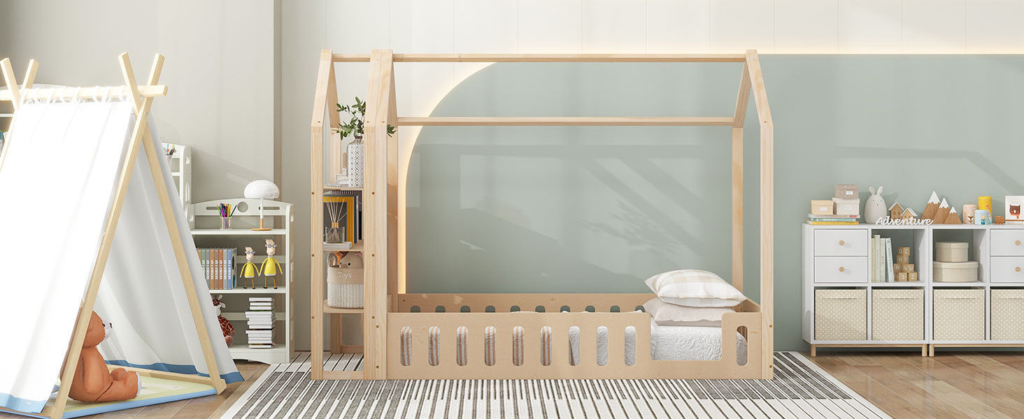 Twin Size Wood House Bed with Fence and Detachable Storage Shelves, Natural - Atlantic Fine Furniture Melbourne FL