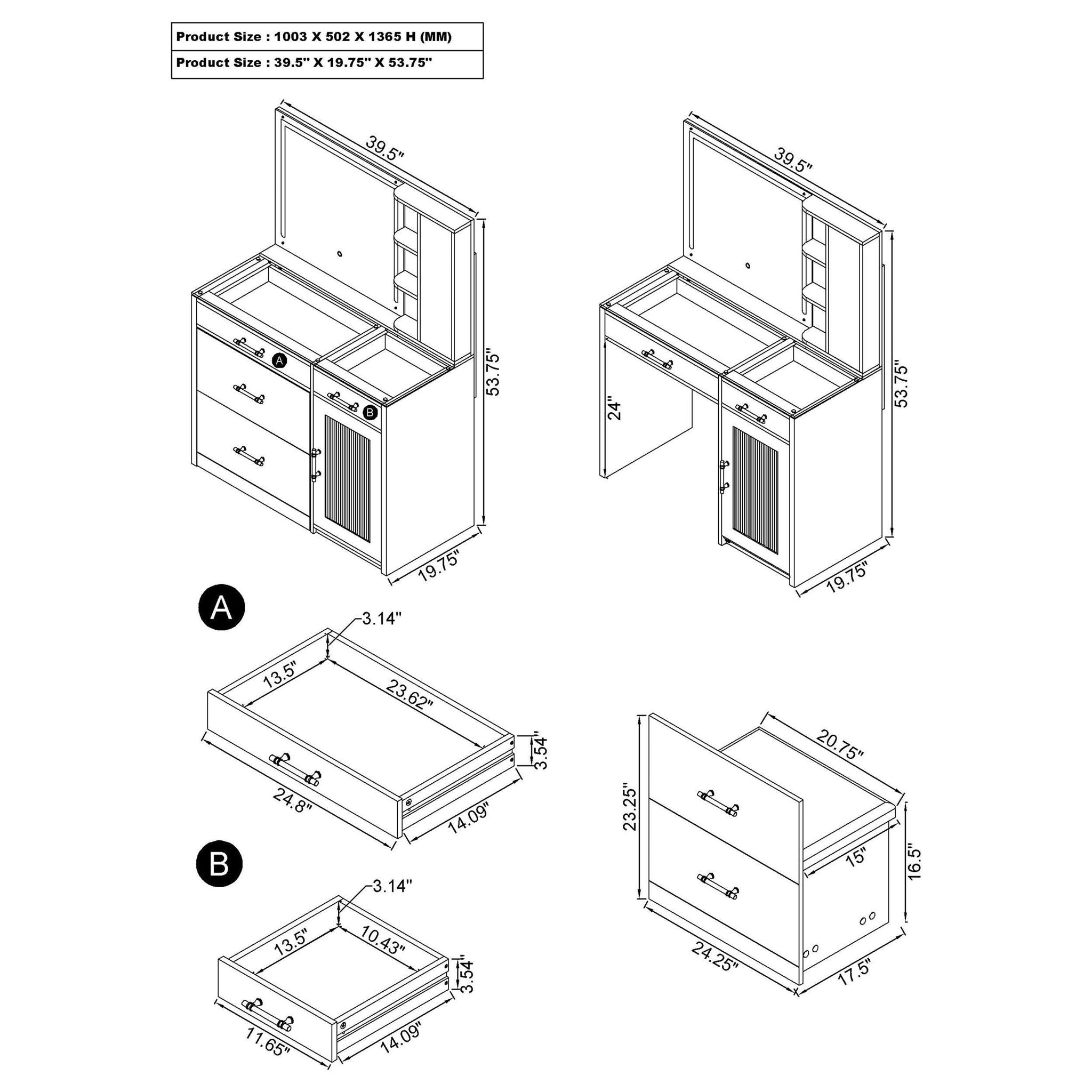 Flora 2-drawer Vanity Set with LED Mirror Black High Gloss