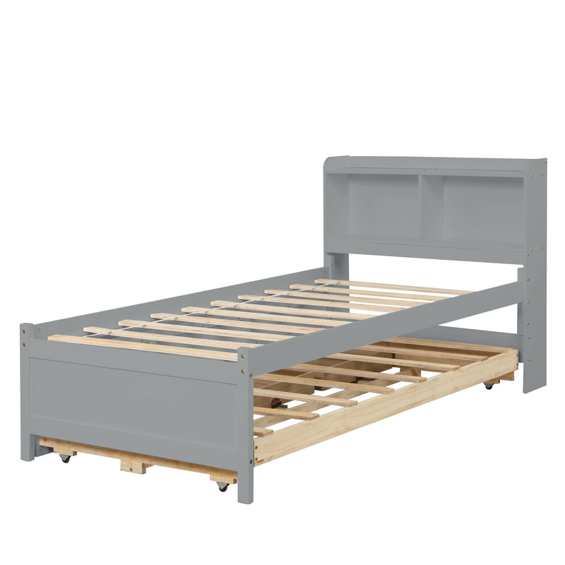 Bed With Built-In USB, Type-C Ports, LED Light, Bookcase Headboard, Trundle And 3 Storage Drawers, Bed With Bookcase Headboard, Trundle And Storage Drawers - Espresso