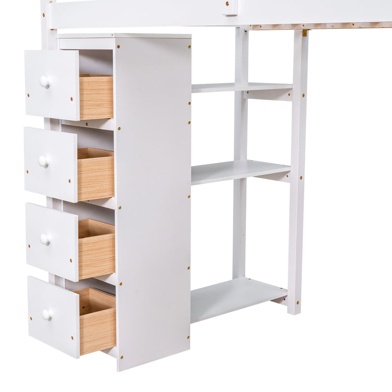 Twin size Loft Bed with Storage Drawers ,Desk and Stairs, Wooden Loft Bed with Shelves - White