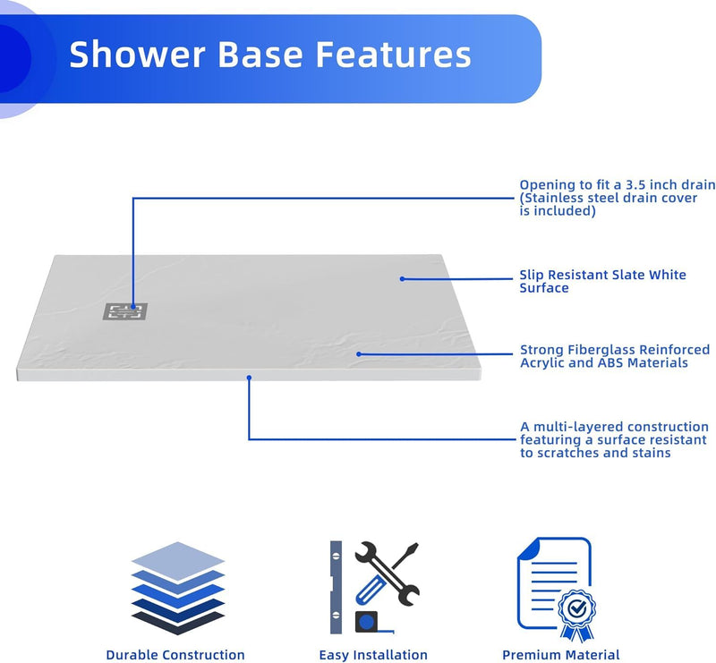 ABS & Acrylic Shower Base With Drain Kit And Stainless Steel Cover - White