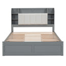 Wood Queen Size Platform Bed with Storage Headboard, Shelves and 4 Drawers, Gray