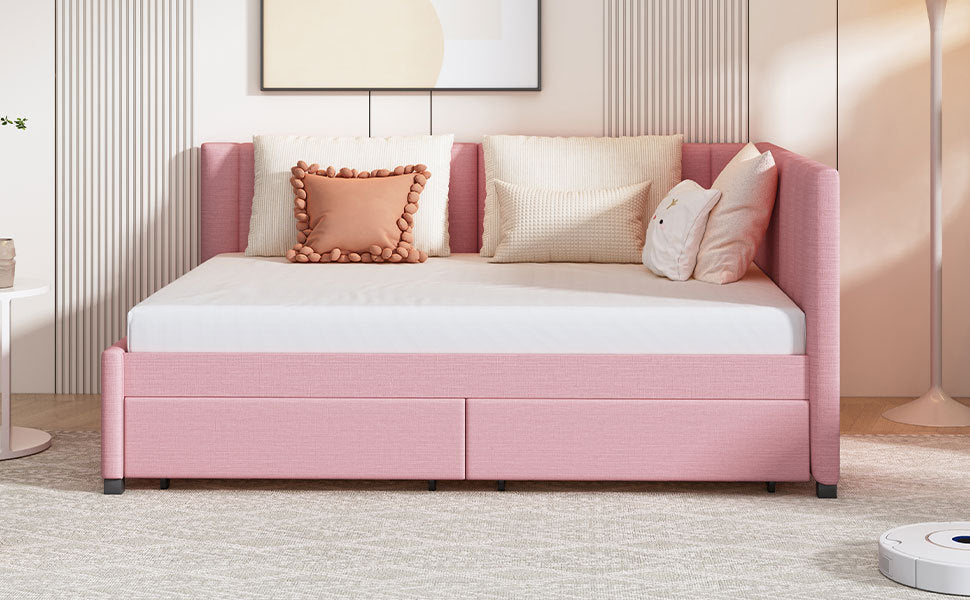 Full Size Upholstered Daybed with 2 Storage Drawers Sofa Bed Frame No Box Spring Needed, Linen Fabric (Pink) - Atlantic Fine Furniture Melbourne FL