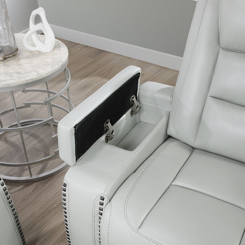 Power Console Loveseat With Power Headrest USB LED And Bookshelf Arms - Grey