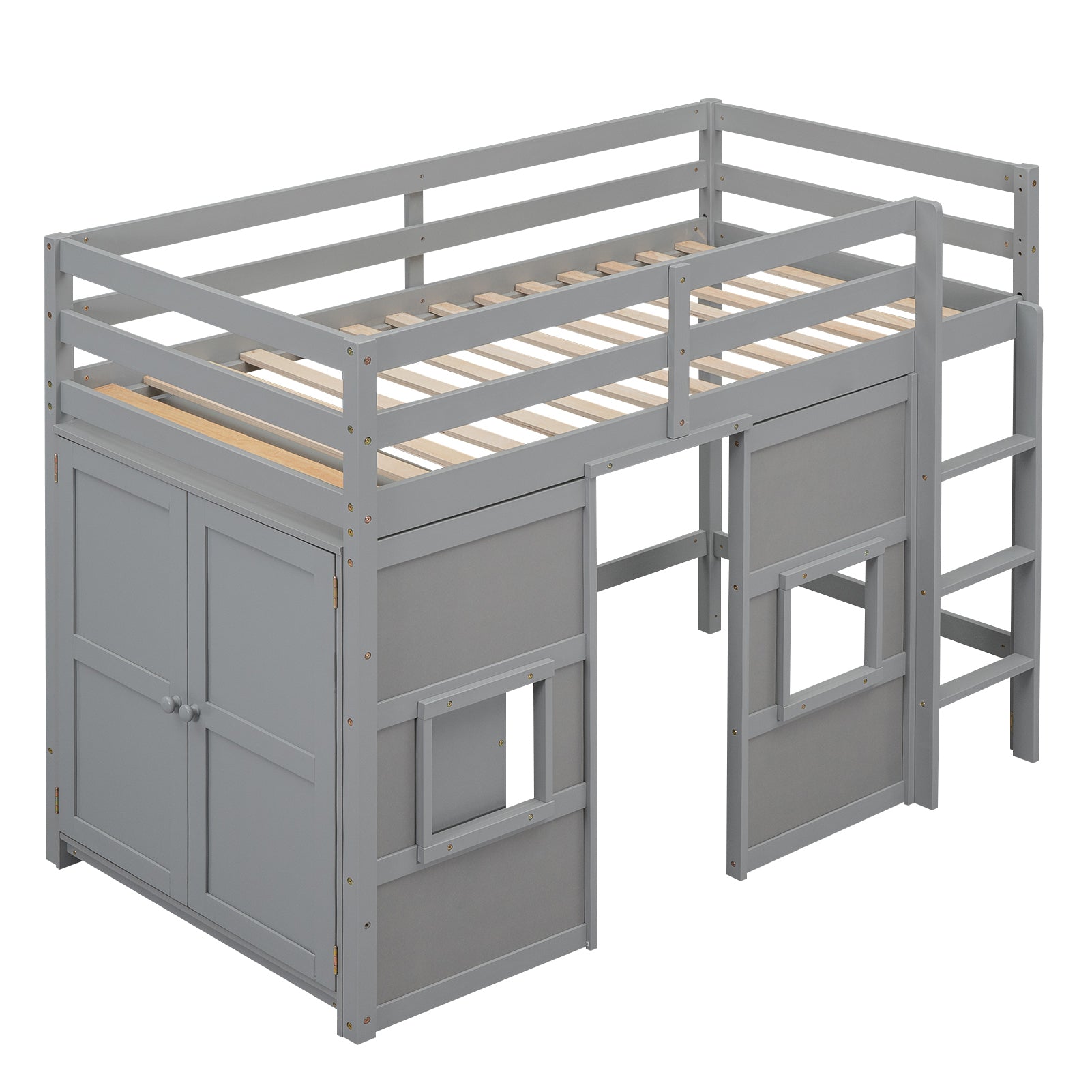 Wood Twin Size Loft Bed with Built-in Storage Wardrobe and 2 Windows, Gray - Atlantic Fine Furniture Melbourne FL