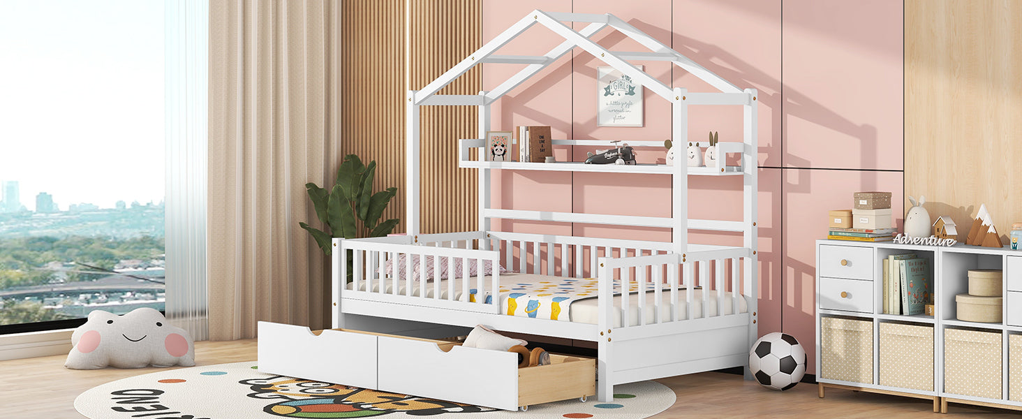 Wooden Twin Size House Bed with 2 Drawers,Kids Bed with Storage Shelf, White - Atlantic Fine Furniture Melbourne FL