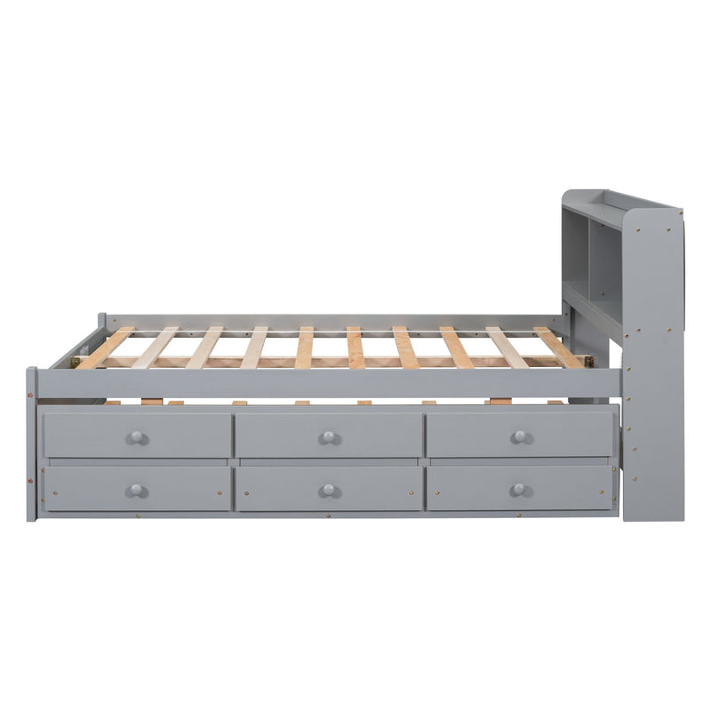 Bed With USB & Type-C Ports, LED Light, Bookcase Headboard, Trundle And 3 Storage Drawers, Bed With Bookcase Headboard, Trundle And Storage Drawers