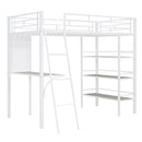 Loft Metal Bed With 3 Layers Of Shelves And Desk, Stylish Metal Frame Bed With Whiteboard