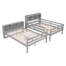 Full Over Full Bunk Beds with Bookcase Headboard, Solid Wood Bed Frame with Safety Rail and Ladder, Kids/Teens Bedroom, Guest Room Furniture, Can Be converted into 2 Beds, Grey