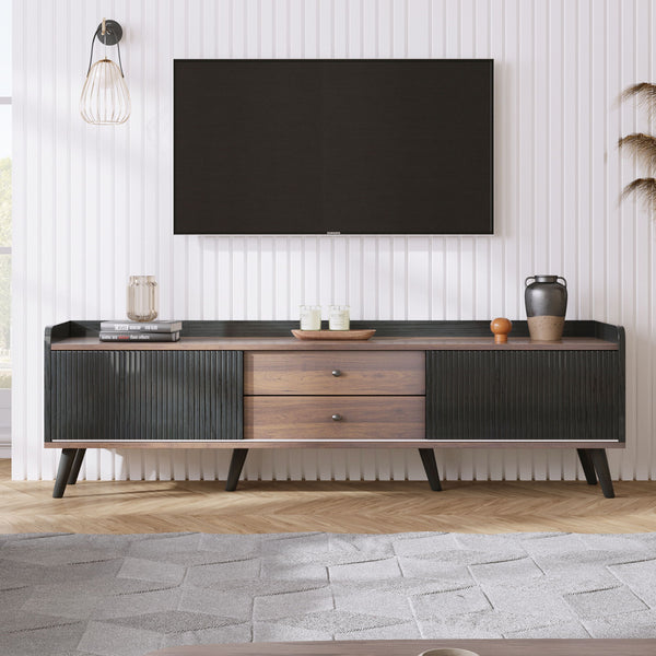 Mid Century TV Stand With 2 Cabinets & Open Compartments, Entertainment Center For Tvs Up To 70'', Television Console For Living Room - Dark Coffee / Black