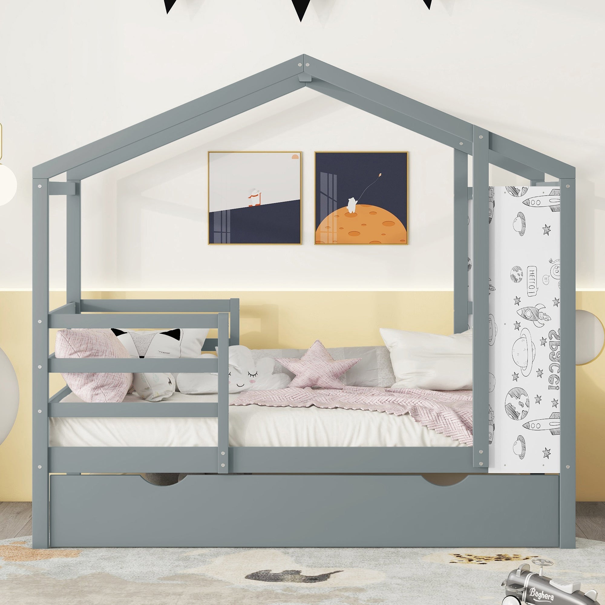 Twin Size Wood House Bed with Fence and Writing Board, Gray - Atlantic Fine Furniture Melbourne FL