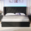 Modern Upholstered LED Bed Frame With Storage Drawers, Wingback Headboard, RGB Light