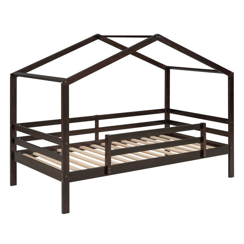 Twin Over Twin Bunk Bed with Roof, Slide and Ladder, Espresso