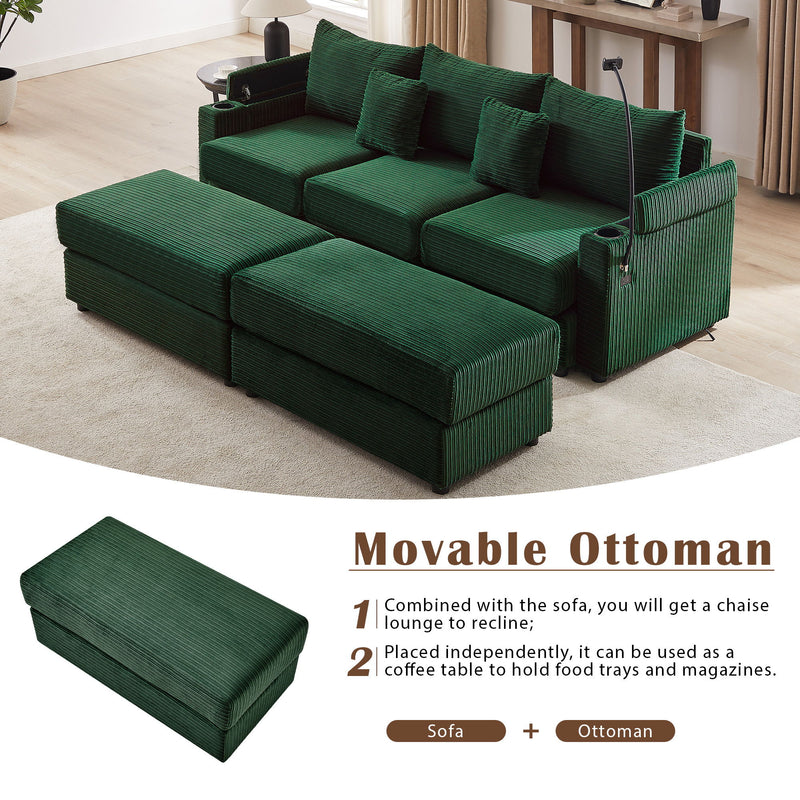 Modern Style Loveseat Sofa Sectional Sofa Couch With Storage Space, A Movable Ottoman, Two USB Ports, Two Cup Holders, A Phone Holder For Living Room