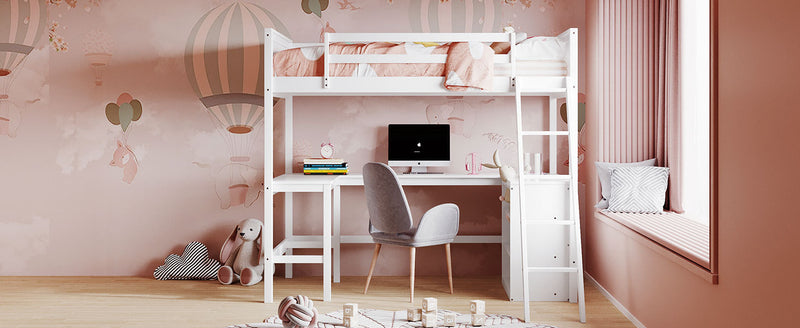 Twin size Loft Bed with Shelves and Desk, Wooden Loft Bed with Desk - White(OLD SKU:LT000537AAK)