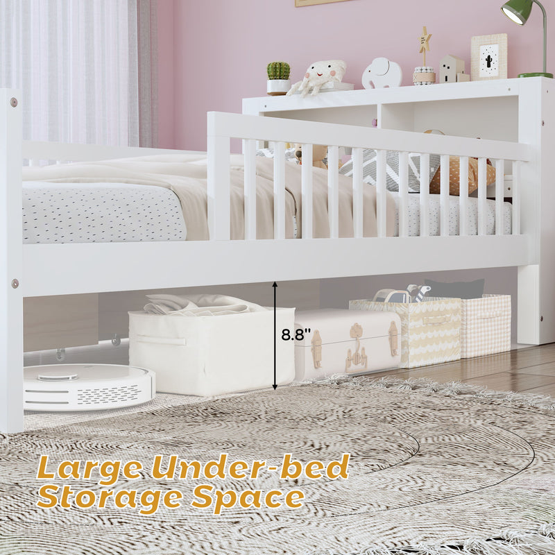 Bed With Headboard Storage Rack, 2 Under Bed Drawers, 3 Side Guardrails For Safety