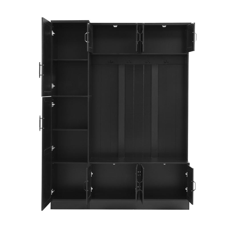 Tall Hall Tree With Shoe Storage, 4 In 1 Entryway Bench With 6 Cabinets, 4 Coat Hooks & Adjustable Shelf For Hallway - Black