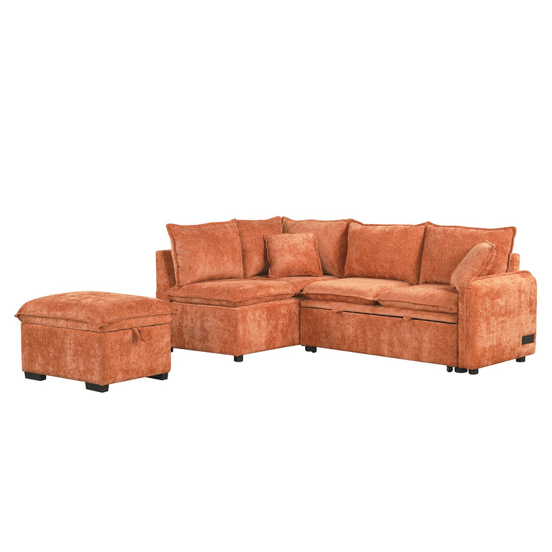 Convertible Sofa Bed Sectional Sofa Sleeper L-Shaped Sofa With A Storage Ottoman, Two Pillows, Two Power Sockets And Two USB Ports For Living Room