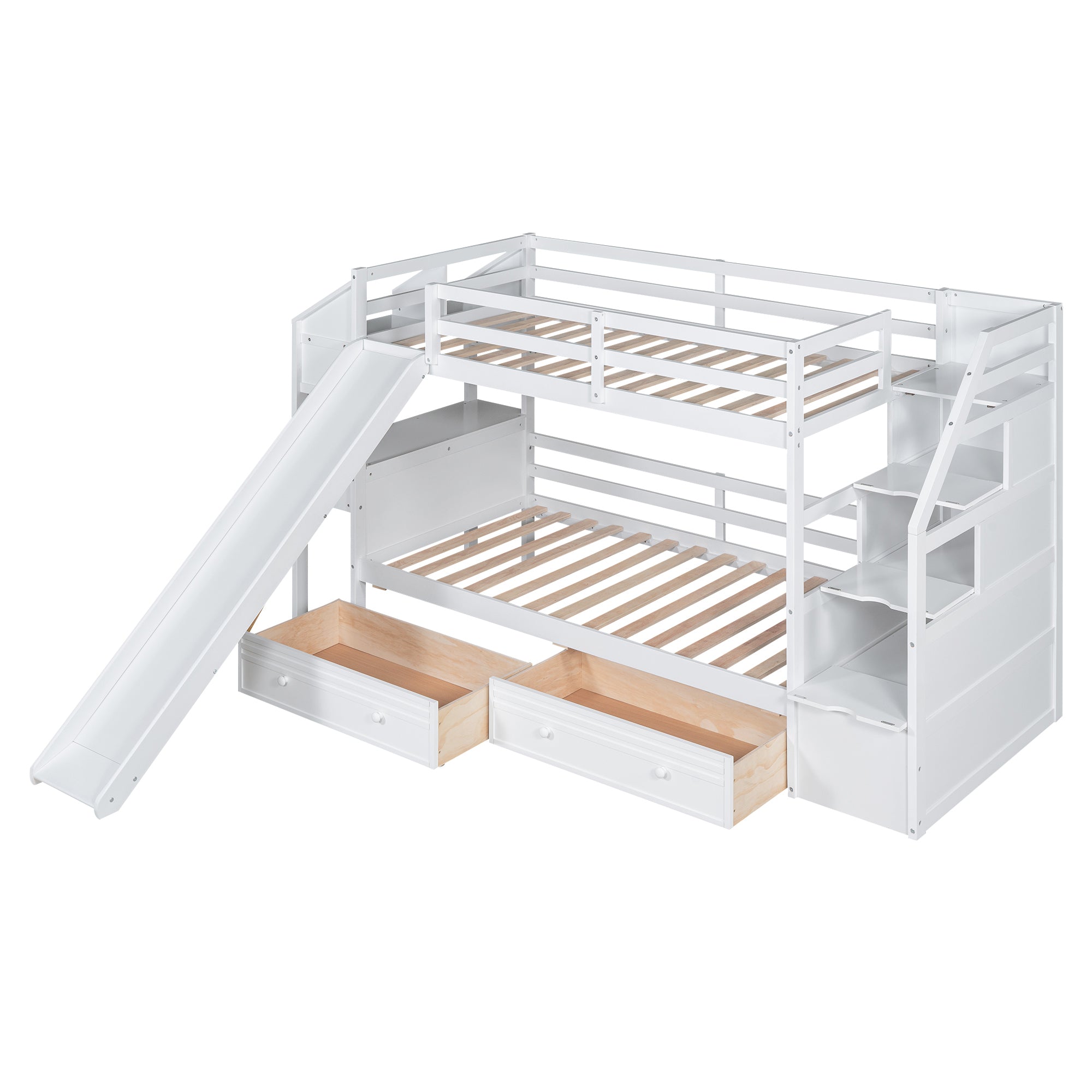 Twin over Twin Bunk Bed with Storage Staircase, Slide and Drawers, Desk with Drawers and Shelves, White - Atlantic Fine Furniture Melbourne FL