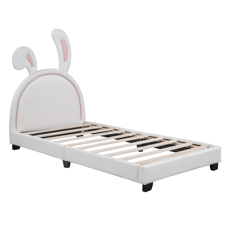 Upholstered Leather Platform Bed With Rabbit Ornament