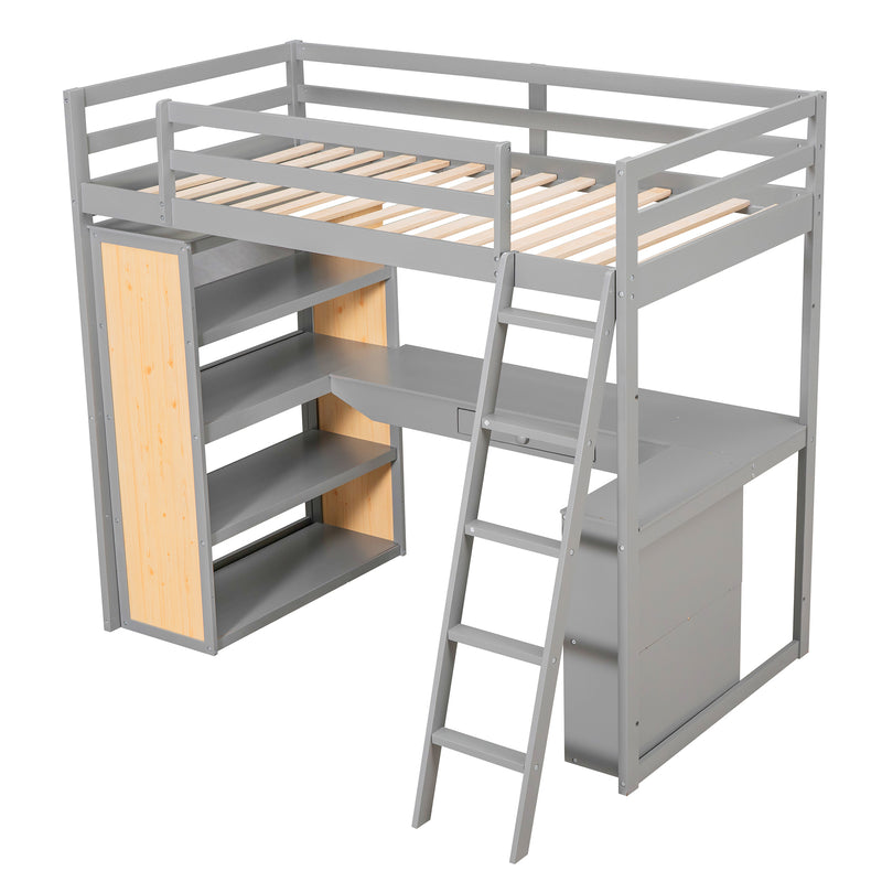 Twin Size Loft Bed with Ladder, Shelves, and Desk, Gray(LT000225AAE)