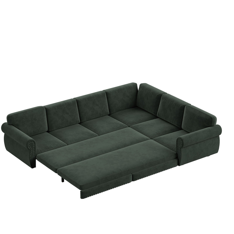 L-Shaped Sofa Couch With Pull Out Bed With Nailhead Trim & Rolled Arm, Sectional Couches, For Living Room - Green
