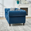 Mid Century Chesterfield Velvet Fabric Sofa With Roll Armrest & Nailhead, Blue, 87 Inches