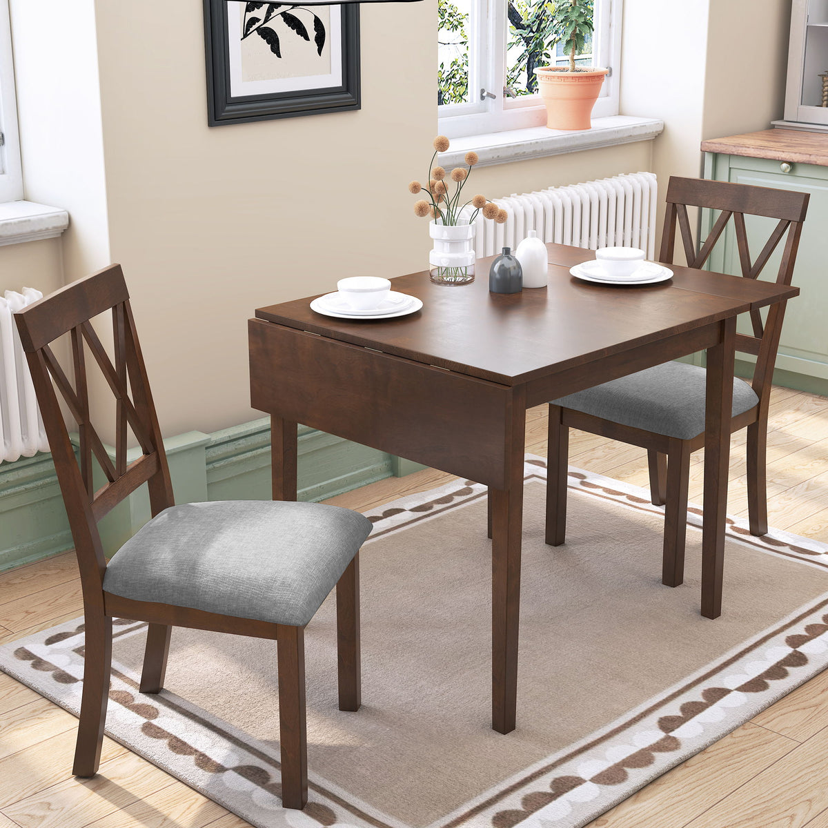 Michel Beck Drop Leaf Dining Table and 2 Dining Upholstered Chairs 3 Piece Kitchen Dining Set with Dining Room Set for Small places Brown