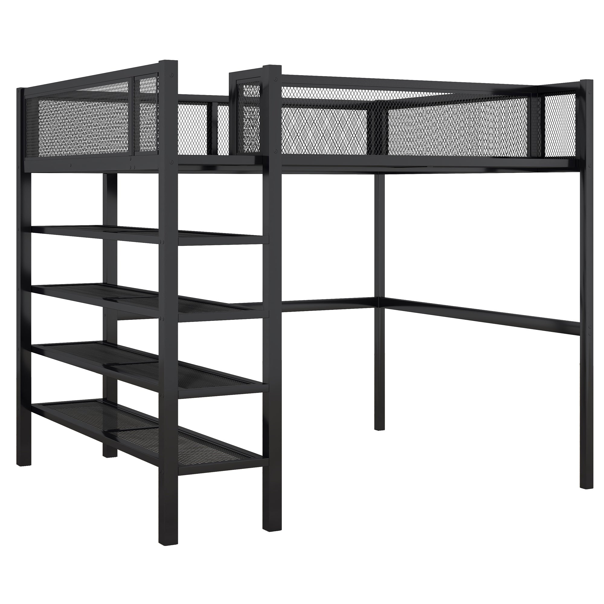 Full Size Metal Loft Bed with 4-Tier Shelves and Storage, Black - Atlantic Fine Furniture Melbourne FL