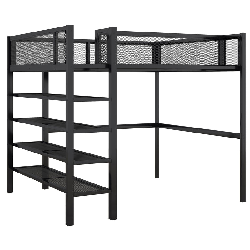 Full Size Metal Loft Bed with 4-Tier Shelves and Storage, Black