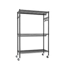 Heavy Duty Rolling Clothes Rack With 3 Tier Shelves, 2 Rails & Side Hooks, Adjustable Freestanding Organizer Metal - Black