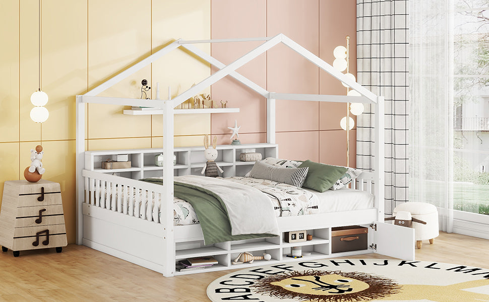 Full Size Wooden House Bed with Shelves and a Mini-cabinet, White - Atlantic Fine Furniture Melbourne FL
