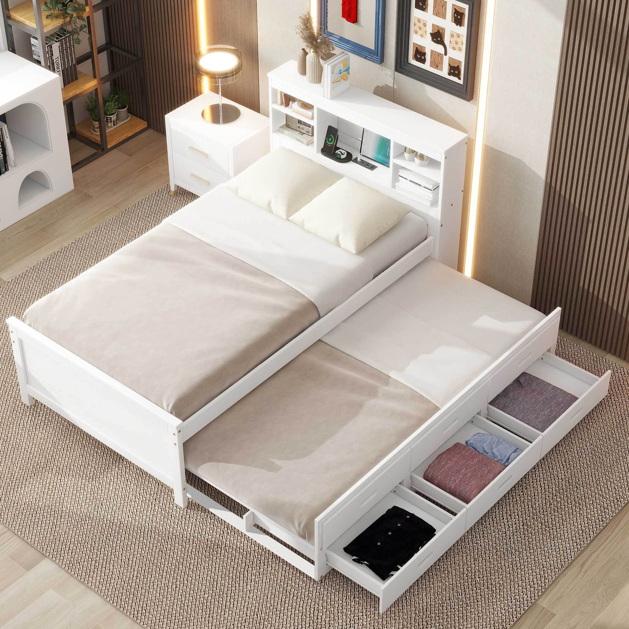 Twin Size Platform Bed with Storage Headboard, USB, Twin Size Trundle and 3 Drawers, White - Atlantic Fine Furniture Melbourne FL